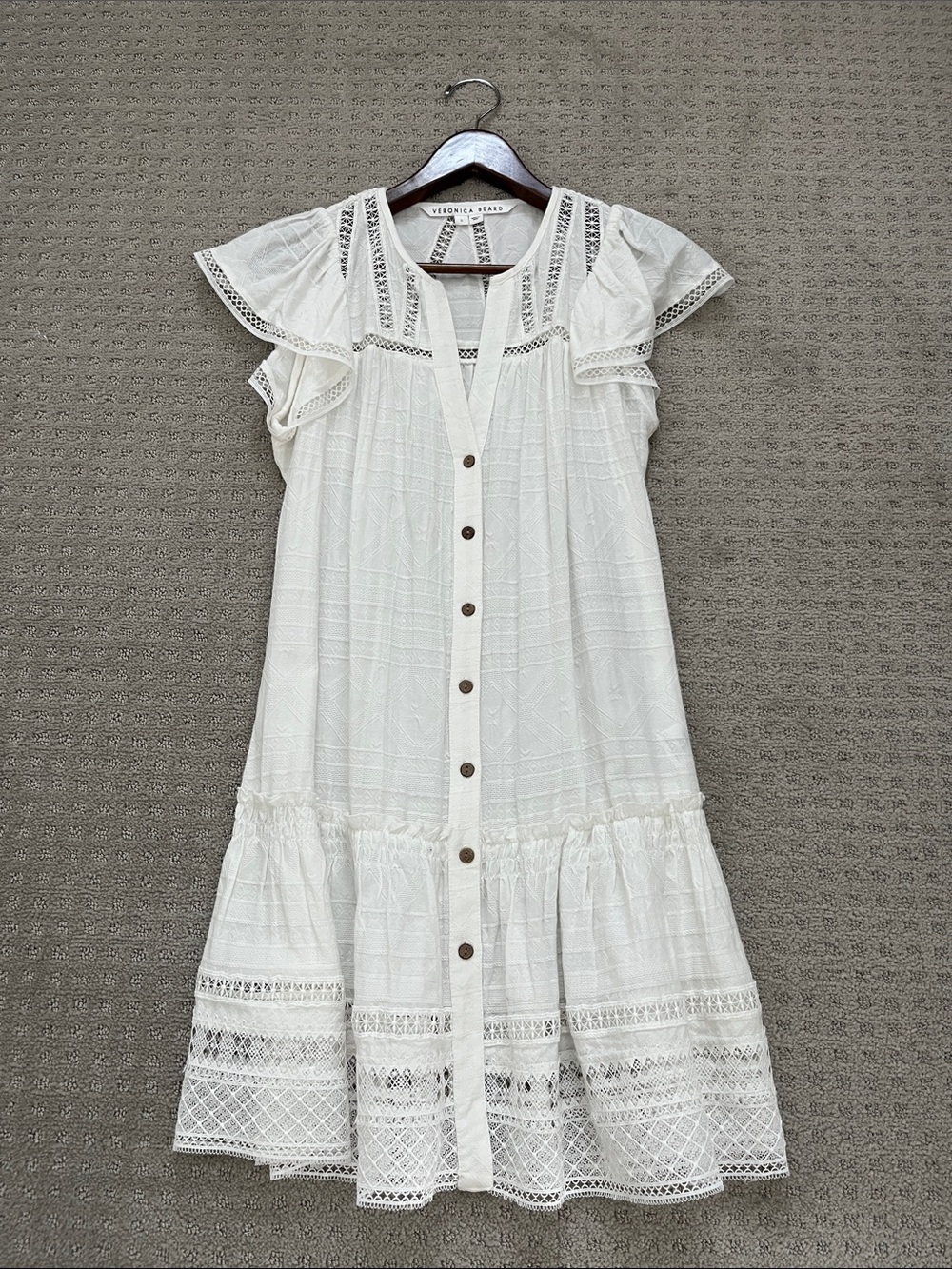 Veronica Beard Cream Button-Front Eyelet Dress